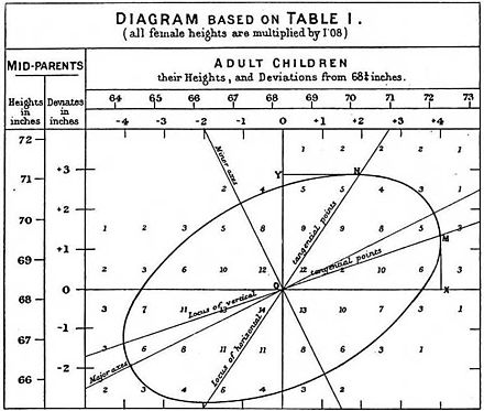 Francis Galton's 1886 illustration of the correlation between the heights of adults and their parents. The observation that adult children's heights tended to deviate less from the mean height than their parents suggested the concept of "regression toward the mean", giving regression its name. The "locus of horizontal tangential points" passing through the leftmost and rightmost points on the ellipse (which is a level curve of the bivariate normal distribution estimated from the data) is the OLS estimate of the regression of parents' heights on children's heights, while the "locus of vertical tangential points" is the OLS estimate of the regression of children's heights on parent's heights. The major axis of the ellipse is the TLS estimate. Galton's correlation diagram 1875.jpg