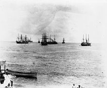 German, British, American warships in Apia harbour, Samoa 1899.jpg