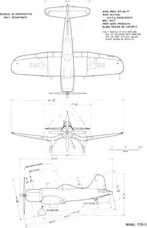 3-view line drawing of the Goodyear F2G-2 Corsair