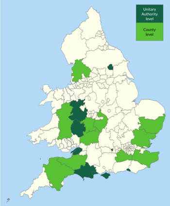 A map showing the representation of the Green Party of England and Wales at the county/unitary authority level of government after the 2019 local elections. Green Representation on English and Welsh administrative divisions 2019.png
