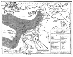 Carte minéralogique sur la nature du terrein d'une partie de l'Orient et particulièrement de l'Égypte, de la Palestine et de la Syrie, illustrant le Mémoire sur les Granits de France, comparés à ceux d'Égypte par Guettard[16].