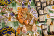 Variety of cheeses in a supermarket