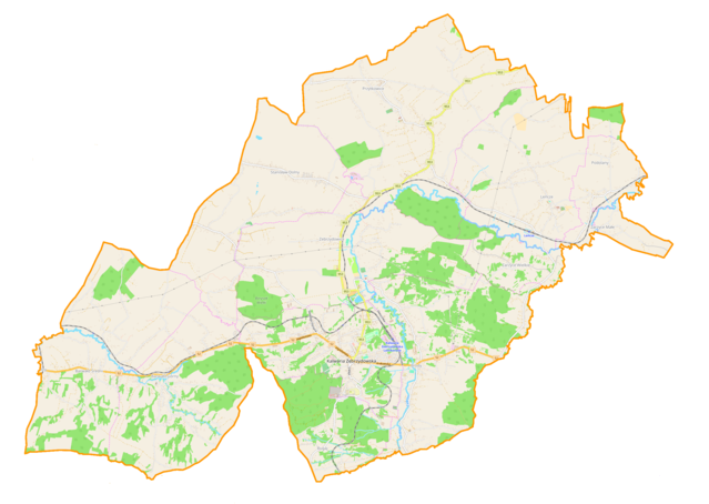Mapa konturowa gminy Kalwaria Zebrzydowska, na dole znajduje się punkt z opisem „Kalwaria Zebrzydowska”