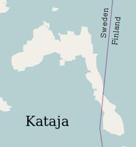 Carte de Kataja traversée par la frontière entre la Finlande (à droite) et la Suède (à gauche).