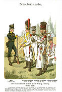Chasseur (à gauche), grenadier, fusiliers et sapeur de l'infanterie de ligne.