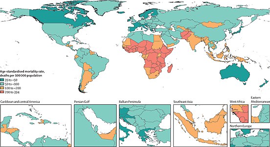 Overall age-standardised mortality rate per 100 000 population for 33 pathogens investigated, 2019[3]