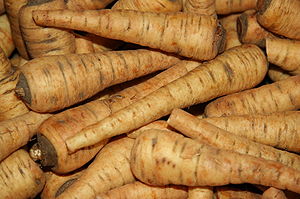 English: Parsnips offered for sale at a winter...