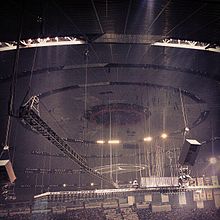 Emergency lights provided some illumination during the power outage. Power Failure in the Superdome during Super Bowl 2013.jpg