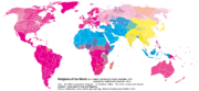 Distribution of world religions by country/state, and by smaller administrative regions for the largest countries (2012 data):   % Christian population   % Islam population   % all other religions but Judaism (equal parts cyan/magenta - Judaism)