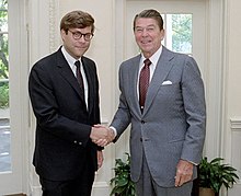 Barr with President Ronald Reagan in the Oval Office in 1983 Ronald Reagan and William Barr (cropped).jpg