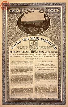 Bond of the former town Elberfeld, issued 1. March 1922 Stadt Elberfeld 1922.JPG