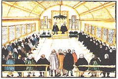 Dissatisfaction with the outcome of a disputation in 1525 prompted Swiss Brethren to part ways with Huldrych Zwingli Tauferdisputation 1525.jpg