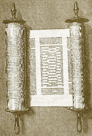 An engraving of a scroll of the Penteteuch in ...