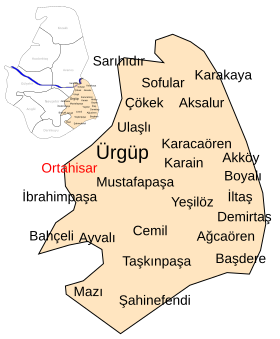 Localização do distrito de Ürgüp e de Ortahisar na província de Nevşehir