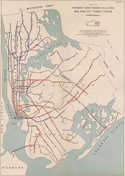 The 1939 IND Second System plan, showing the proposed Staten Island Tunnel connection with the IND Culver Line. 1939 IND Second System.jpg