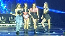 Blackpink stand on a stage in a row against a blue background