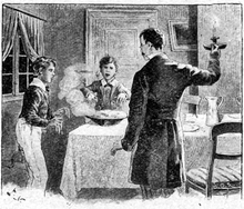 två pojkar, med het gröt på händerna, står vid ett grötfat på ett bord. Informatorn står bredvid med ett ljus i höger hand.