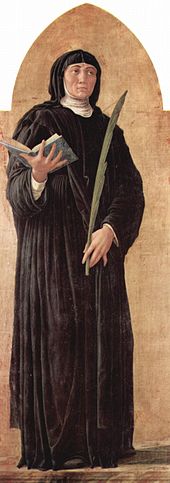 St. Scholastica, sister of St. Benedict and founder of the Benedictine nuns Andrea Mantegna 019.jpg