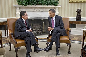 Mонгол Улсын Ерөнхийлөгч Ц.Элбэгдорж, АНУ-ын Ерөнхийлөгч Барак Обама нар Цагаан Ордонд уулзаж буй нь, Вашингтон хот, АНУ, 2011 оны 6-р сар