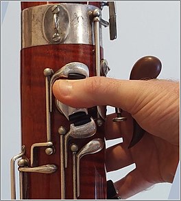 Bassoon (Heckel system) showing right hand on handrest in playing position