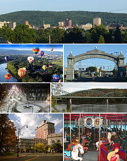 Clockwise from top: Binghamton skyline, the Endicott Johnson Square Deal Arch, the South Washington Street Bridge, the Ross Park Zoo carousel, Court Street Historic District, downtown in winter, and the Spiedie Fest and Balloon Rally.