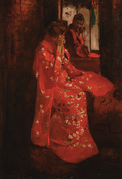 Meisje in rode kimono voor de spiegel, 1894