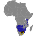 Distribuzione approssimativa di gnu. Gnu nero mostrato in giallo. Gnu blu mostrato in blu. Intervallo di sovrapposizione mostrato in marrone.