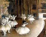 Repetitie van een ballet op het podium, Degas