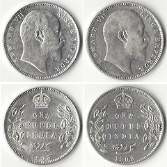 Silver one rupee coins showing Edward VII, King-Emperor, 1903 (left) and 1908 (right)