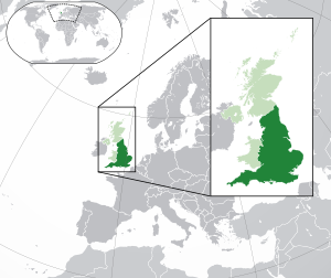 Англия на карте Европы. Светло-зелёным обозначены остальные территории Великобритании