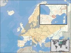 Ibùdó ilẹ̀  Àndórà  (circled in inset) on the European continent  (white)  —  [Legend]
