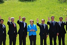 Harper at the 2015 G-7 summit with Shinzo Abe, Barack Obama, Angela Merkel, Francois Hollande, David Cameron, and Matteo Renzi in Bavaria, Germany. G7 summit 2015.jpg