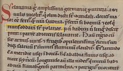 Fragment of Gesta Hammaburgensis ecclesiae pontificum (1073) by Adam of Bremen, containing the name "Polans": "trans Oddaram sunt Polanos" Gesta Hamburgensis trans oddara st polanos.jpg