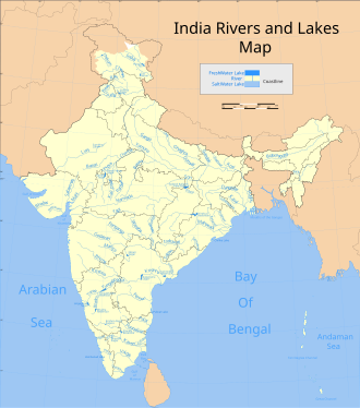 Map of the major rivers, lakes and reservoirs in India India rivers and lakes map.svg