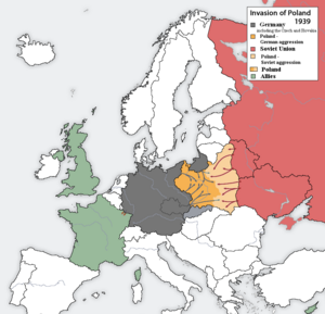 Раздел Польши. Справа — территории, занятые советскими войсками, слева — немецкими