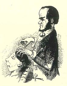 1843 Punch magazine caricature depicting John Elliotson "playing the brain" of a working-class, mesmerised woman John Elliotson 1843 Punch Cartoon Mesmerism.jpg