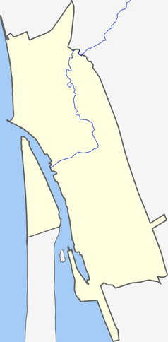 Mapa konturowa Kłajpedy, blisko prawej krawiędzi na dole znajduje się punkt z opisem „Rimkai”