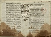 A copy of L'Ami du peuple stained with the blood of Marat L'Ami du peuple 1.jpg
