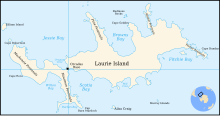 Outline lap of an irregular-shaped island showing Scotia Bay and the site of the Orcadas weather station