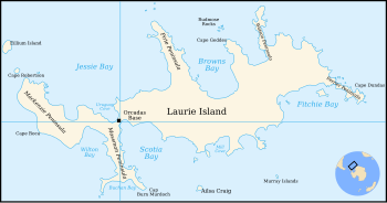 Outline lap of an irregular-shaped island showing Scotia Bay and the site of the Orcadas weather station