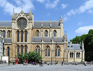 View of the south side of the east end of the Church of Christ the King London July 2015-1.jpg