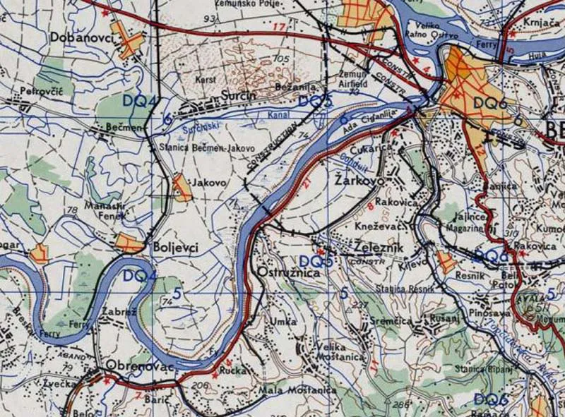 Datei:Map of narrow gauge railway Belgrad-Čukarica-Zarkovo-Železnik-Ostružnica-Umka-Moštanica-Barič-Obrenovac, 1939.webp