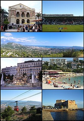 Top left: Toulon Opera House, top right: Mayol Stadium (Le Stade du Mayol), 2nd: panoramic view of downtown Toulon and its port, 3rd left: Place de la Liberté, 3rd right: the beaches of Mourillon, bottom left: the cable car to Mount Faron, bottom right: Fort Saint-Louis