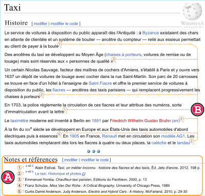 Fig. 1. Screenshot de la page taxi avec la section "référence" visible et des numéros de sources entourés dans le texte
