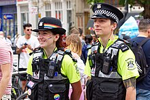 Chief constables can grant limited powers to community support officers including giving a fixed penalty notice, but not the wider search or arrest powers of police. Nottinghamshire Pride 2018 (28808113177).jpg