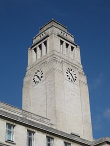 The Parkinson Building campanile, which features prominently in the university logo and publications after re-branding in 2006 Parkinson Camponile 27 August 2017.jpg