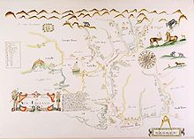 An English map of New England c. 1670 depicts the area around modern Portsmouth, New Hampshire. Pascatway River New England.jpg