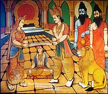 Raja Muraddhawaja (Muratdhawaja) and his wife cutting their son's body (Anga) by a saw (Ara). in the form of saints Shri Krishna and Balram, Arjun as Lion.