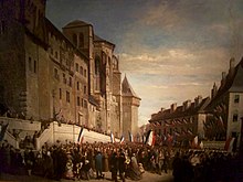 Peinture des Savoyards rassemblés devant le château de Chambéry lors de l'annexion de la Savoie à la France en 1860