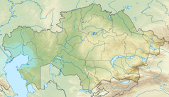 Mapa konturowa Kazachstanu, po lewej nieco na dole znajduje się owalna plamka nieco zaostrzona i wystająca na lewo w swoim dolnym rogu z opisem „Jezioro Południowoaralskie”